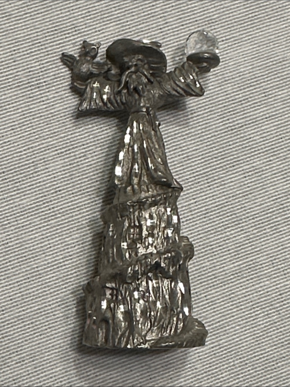 Vintage Pewter Wizard with Owl and Crystal Ball Art Figurine